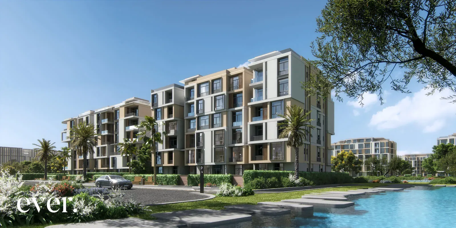 Residential buildings set beside landscaped water features