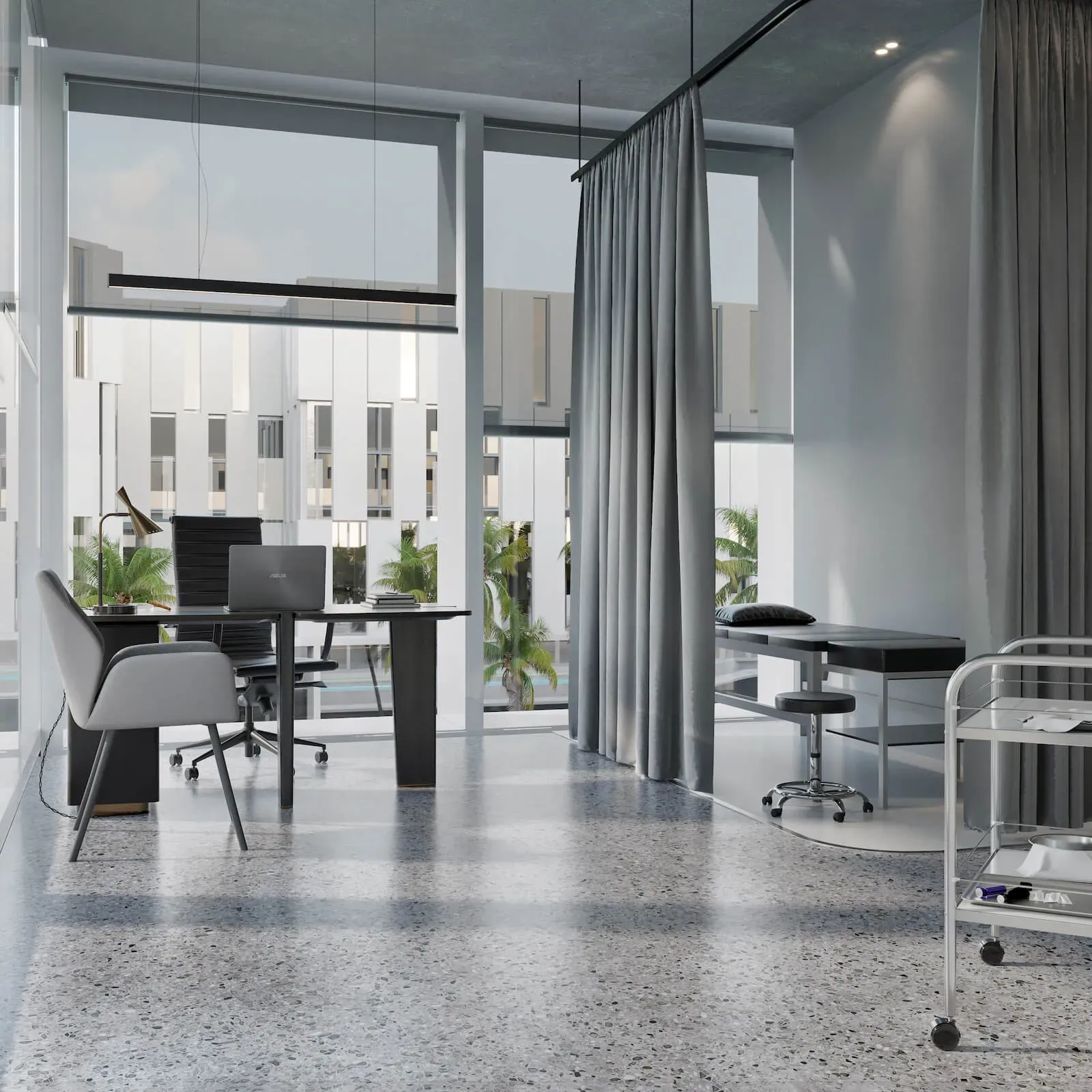 Office interior framed by tall windows