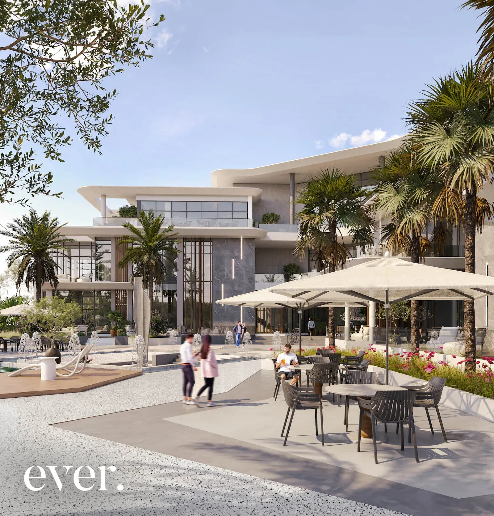 Outdoor café terrace surrounded by landscaping