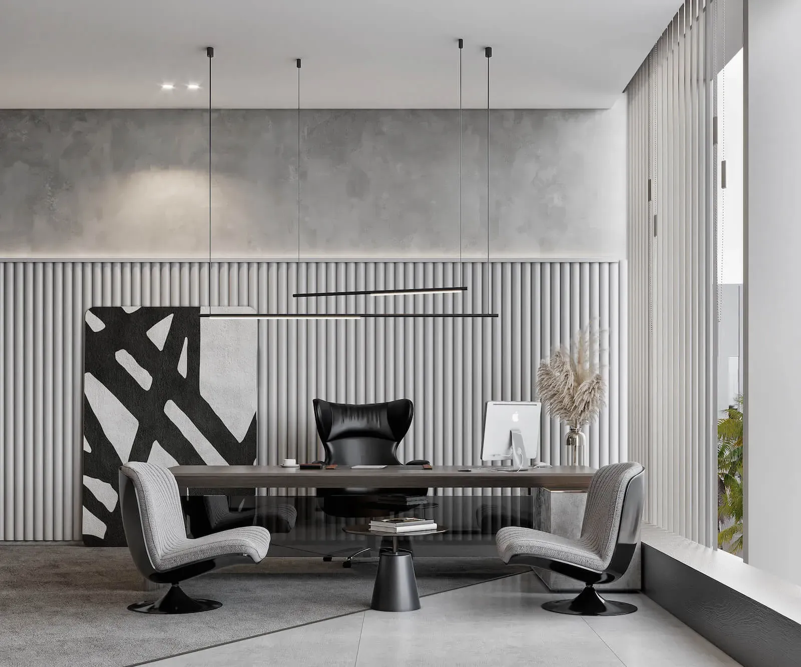 Executive office with sculptural desk and dark seating