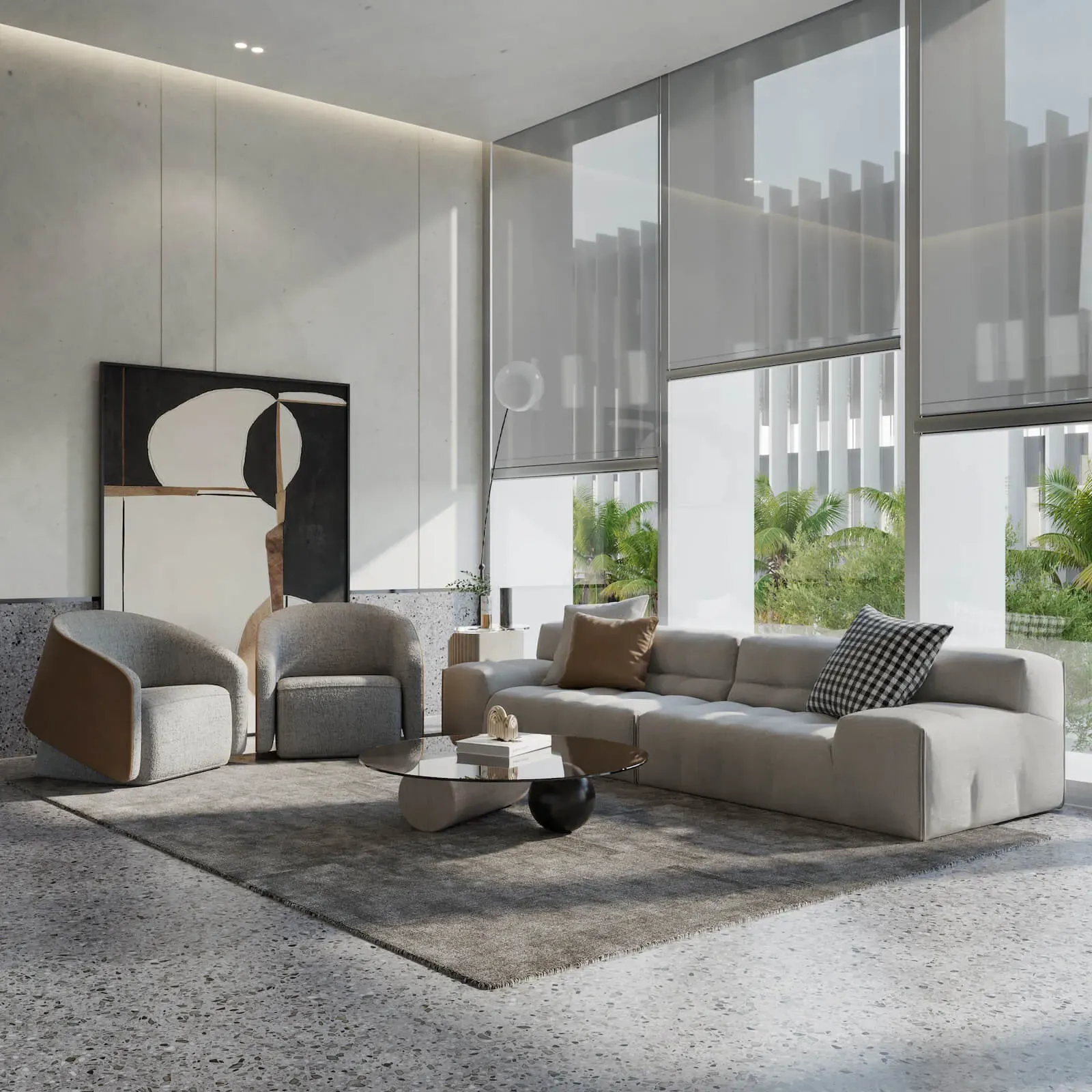 Residential lounge with warm neutral furniture and natural light
